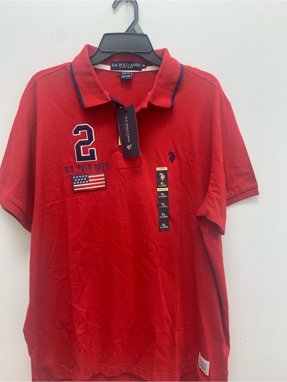 U.S. Polo Assn. Men's Red Polo with Navy Trim and Embroidered Patches